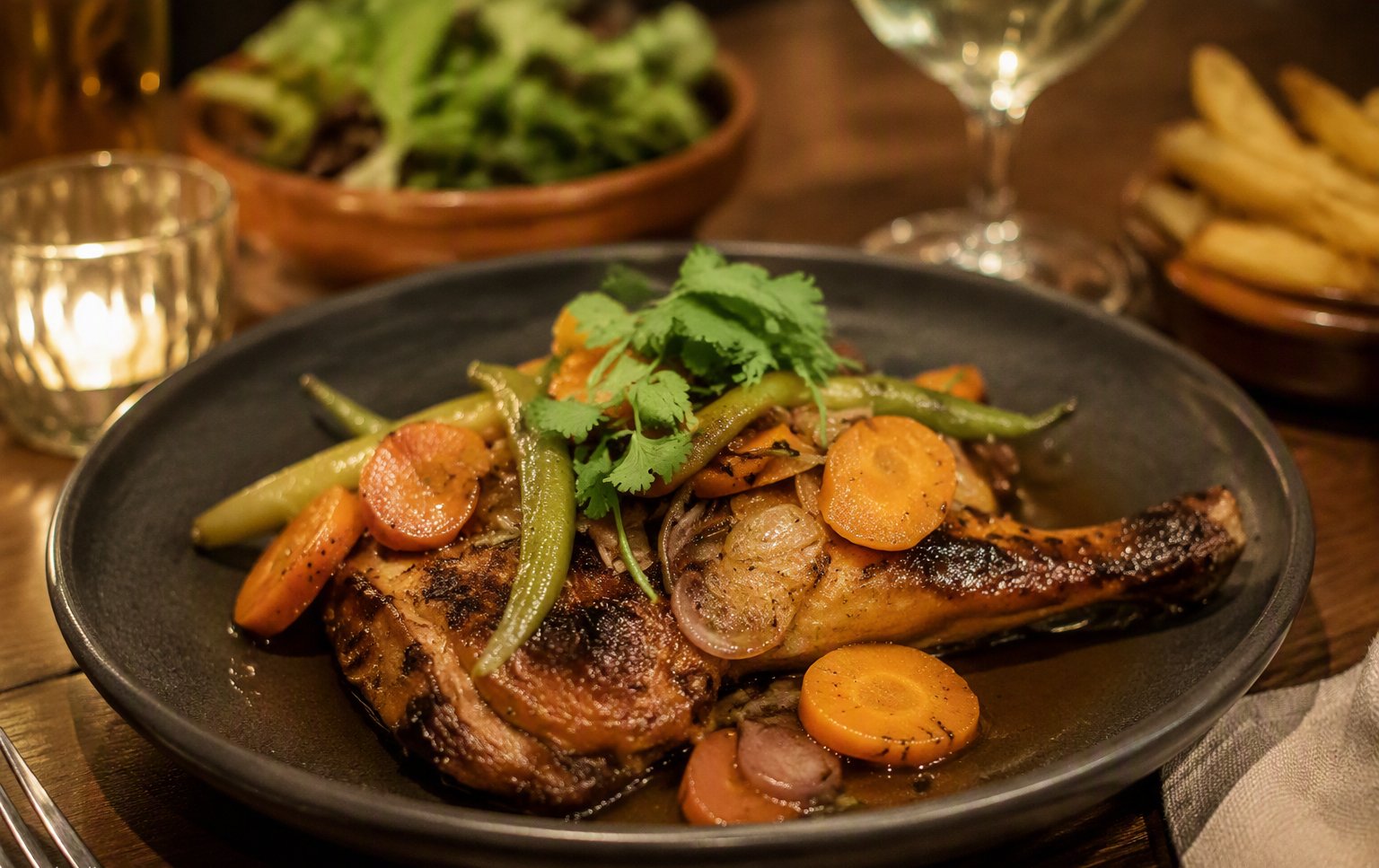 Medio pollo marinado, cocido a baja temperatura y terminado a la parrilla japonesa en Casa La Gloria